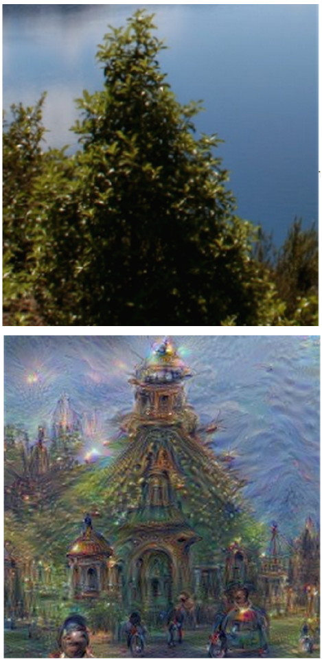 Genom att leka med det tränade nätets parametrar kan man visualisera olika hypoteser om vad bilden innehåller Genom att leka med det tränade nätets parametrar kan man visualisera olika hypoteser om vad bilden innehåller